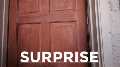 Red Door with Surprise in White Letters