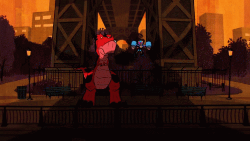 Red Dragon Standing in Front of Bridge