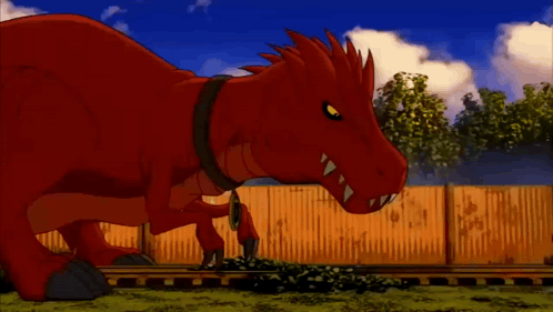 Red Dragon Standing in Front of Fence
