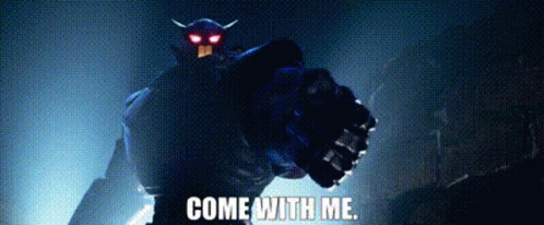 Red Eyed Horned Robot Holding Gun Saying Come With Me