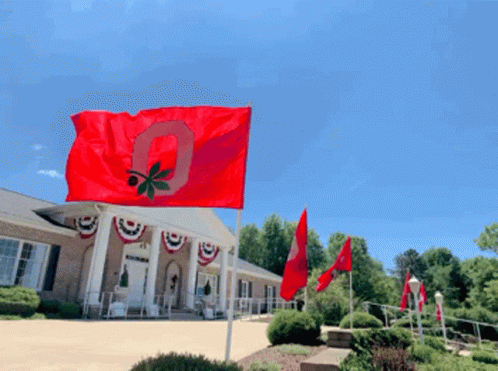 Red Flag With Letter O Flying in Front of House