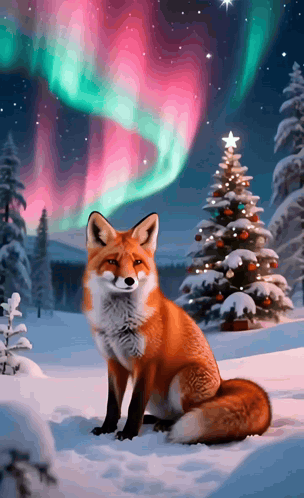 Red Fox Sitting in Snow with Christmas Tree