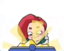 Red Hair Cartoon Sitting at Table With Blue Box
