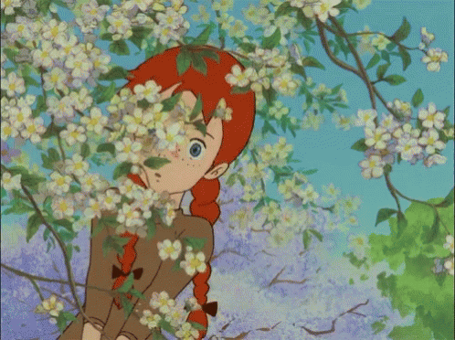 Red-Haired Cartoon Girl Under Flowering Tree