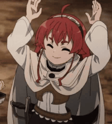 Red-Haired Girl Holding Sword and Raising Arms