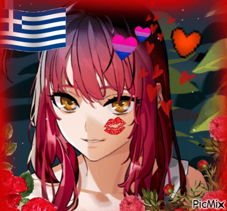 Red-Haired Girl Kiss on Face Greek Flag