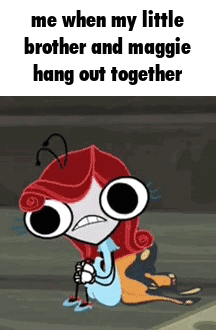 Red-Haired Girl Kneeling Saying Me When My Little Brother and Maggie Hang Out
