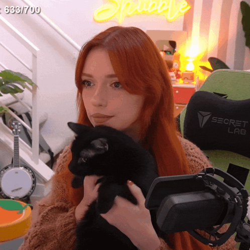 Red-Haired Woman Holding Black Cat Near Puppy Sign