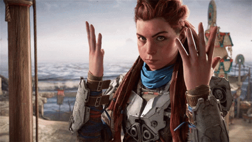 Red-Haired Woman in Blue Scarf and Armor Gesturing