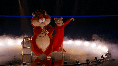 Red Hamster Mascot Dance With Partner On Stage GIF