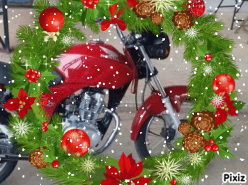 Red Honda Motorcycle With Christmas Wreath GIF