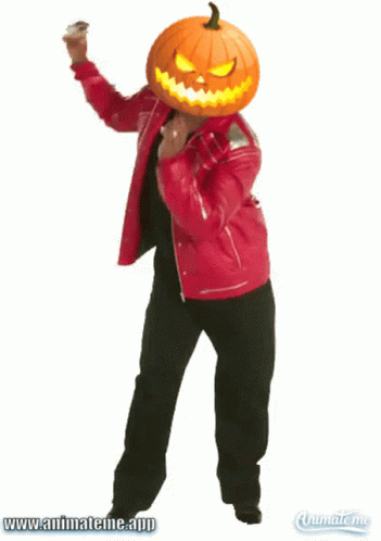 Red Jacket Man Dancing with Pumpkin on Head