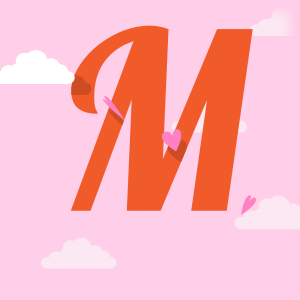 Red Letter M With Pink Hearts and Clouds