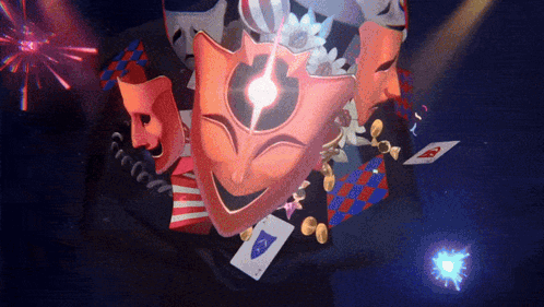 Red Mask Surrounded by Playing Cards and Coins