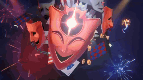 Red Mask With Crown Surrounded by Fireworks and Playing Cards