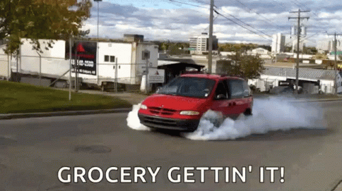 Red Minivan Grocery Gettin It