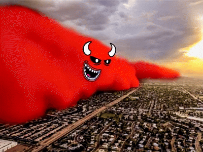 Red Monster Rising From Clouds Over City GIF