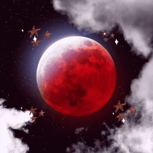Red Moon Surrounded by Stars and Clouds