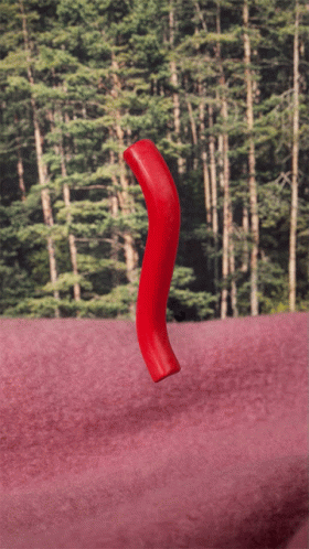 Red Object Floating on Pink Surface in Front of Forest