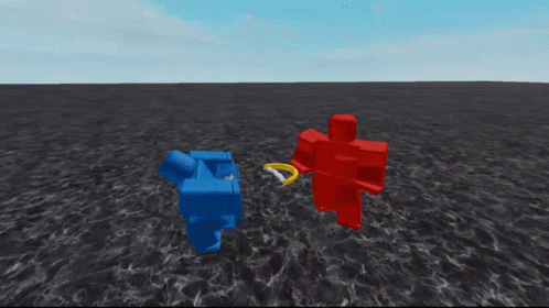 Red Roblox Character Standing Beside Blue Roblox Character Laying