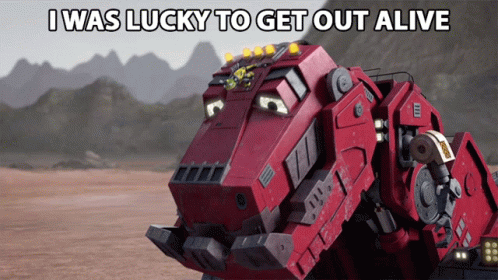 Red Robot Saying I Was Lucky to Get Out Alive