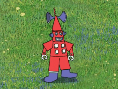 Red Robot with Horn in Grass