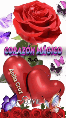 Red Rose With Butterflies Hearts Corazon Magico A.C