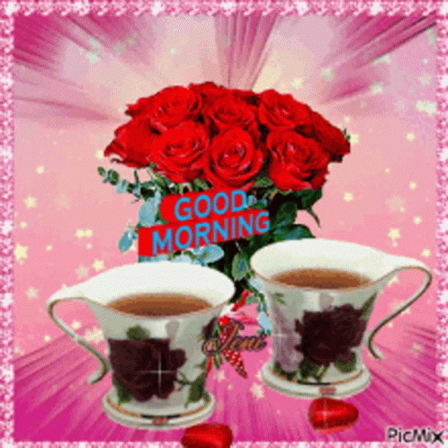 Red Roses and Coffee Cups Good Morning