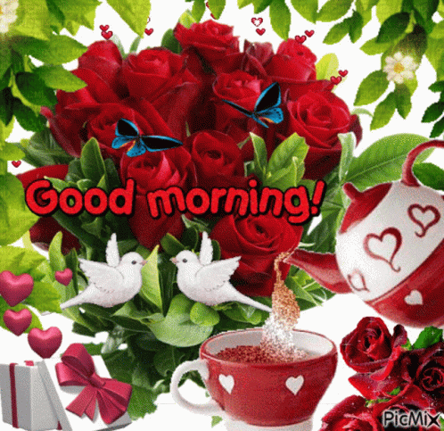 Red Roses Bouquet With Coffee Cup And Teapot Saying Good Morning GIF