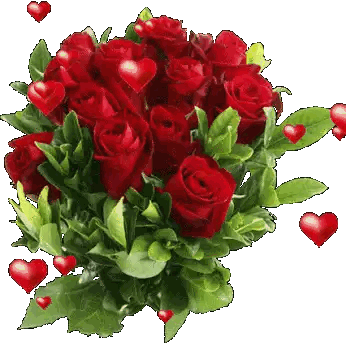 Red Roses Bouquet with Green Leaves and Hearts