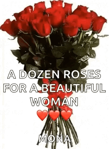 Red Roses Bouquet With Hearts and Text A Dozen Roses for a Beautiful Woman