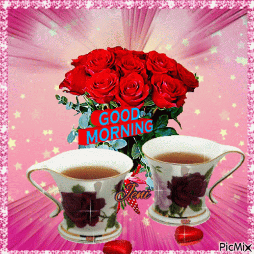 Red Roses Two Coffee Cups Good Morning GIF