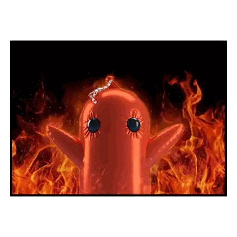 Red Sausage With Blue Eyes Surrounded by Flames