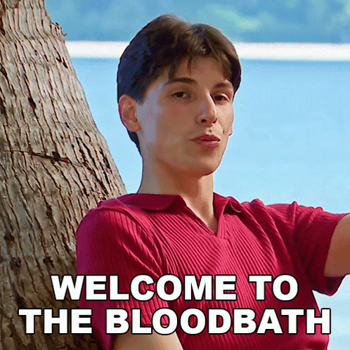 Red Shirt Man Leaning Tree Welcome to Bloodbath