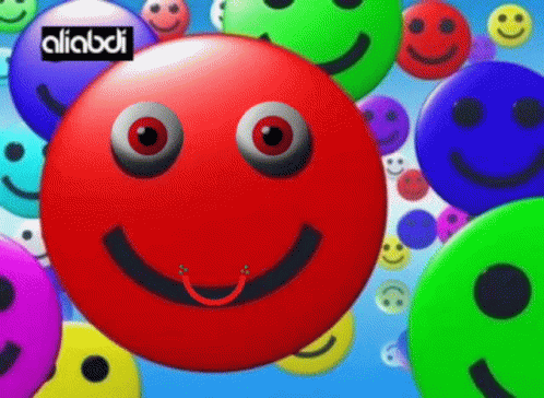 Red Smiley Surrounded By Colorful Smileys And Aliabdi Logo GIF