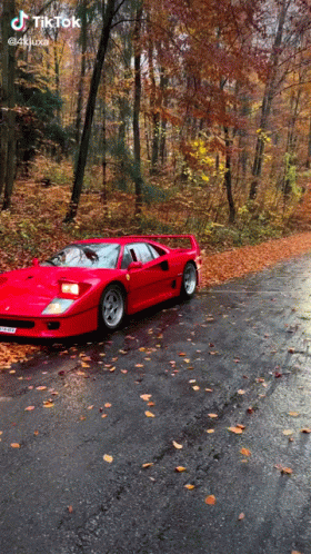 Red Sports Car Driving Down Leafy Road
