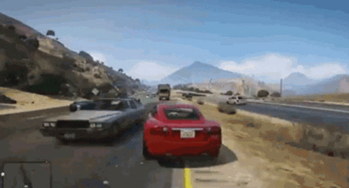 Red Sports Car Driving Next To Silver Car On Highway GIF