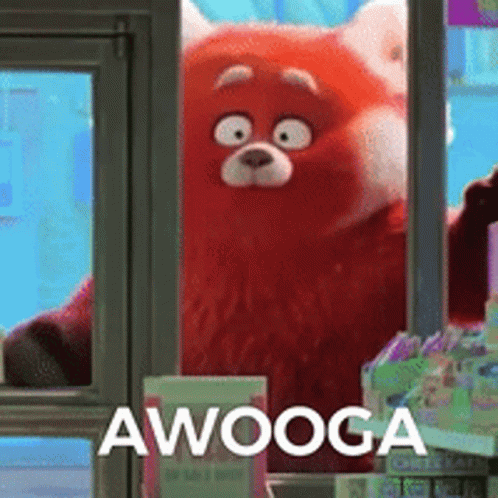 Red Teddy Bear at Window with Awooga