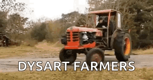 Red Tractor Driving Down Dirt Road Dysart Farmers