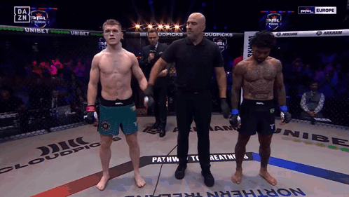 Referee Between Two Fighters in Boxing Ring With Northern Ireland