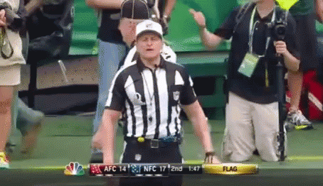 Referee in Front of Scoreboard Saying Flag