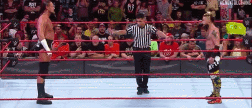 Referee In Wrestling Ring With Two Wrestlers GIF