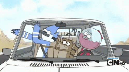 Regular Show Cartoon Characters Driving A Car With Cn Hd Written On The Hood GIF
