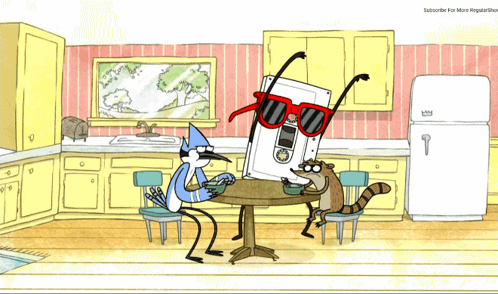 Regular Show Two Birds and a Raccoon Sitting at Table