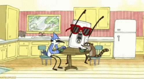 Regular Show Two Birds Sitting At Table GIF