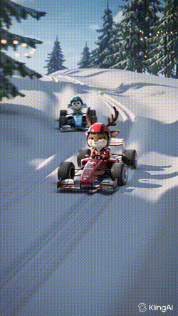 Reindeer Driving Race Car in Snow