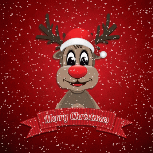 Reindeer Wearing Santa Hat and Merry Christmas Banner