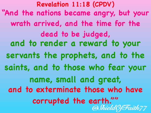 Revelation 11:18 Cpdv Is Written On A Blue And Pink Background GIF