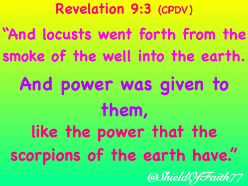 Revelation 9 : 3 Is Written On A Green Background GIF