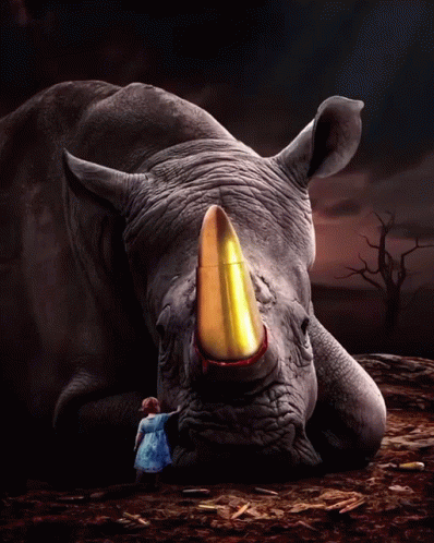 Rhino With Bullet in Nose Next to Little Girl